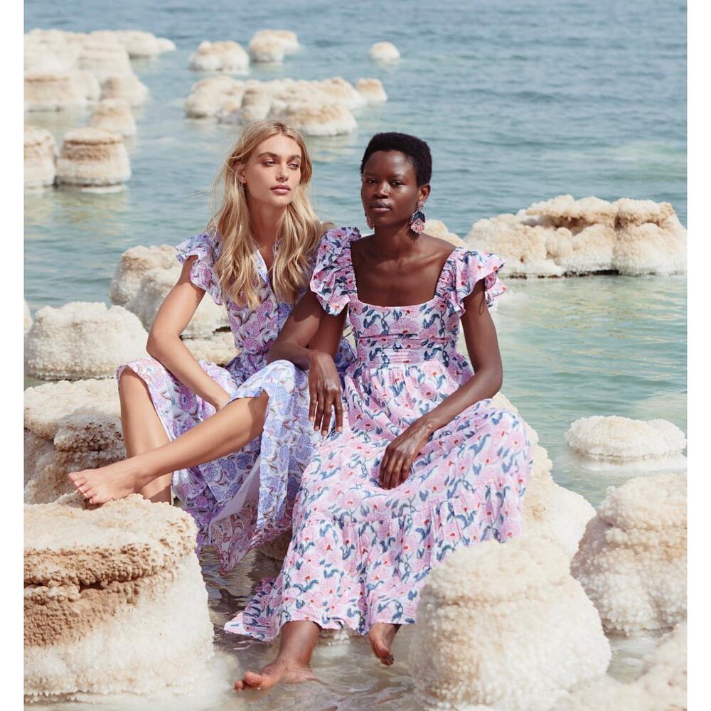 Oliphant Tuckernuck Smocked Ruffle Sleeveless Maxi Dress Pink Floral Block Print - Picture 6 of 6
